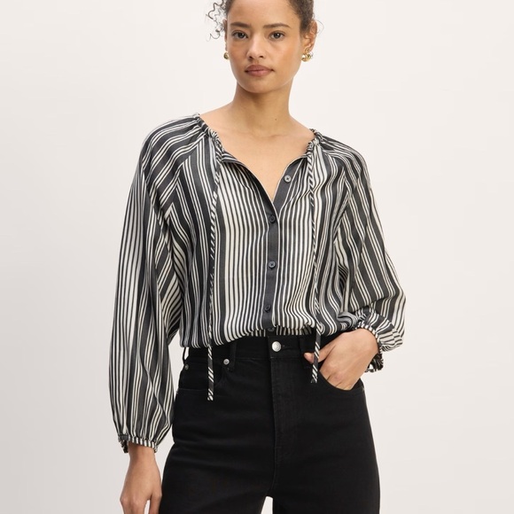 Everlane The Gathered Shirt Striped Black White Long Sleeve Blouse Size XXL NWT - Picture 8 of 8